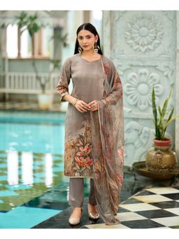 MOJILAA - Women Grey Crepe Floral Printed Kurta with Pant and Dupatta