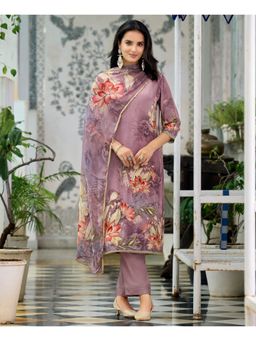 MOJILAA - Women Purple Crepe Printed Straight Kurta with Pant and Dupatta