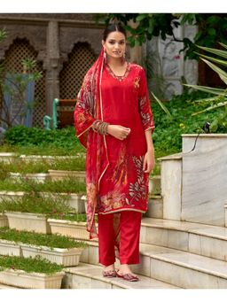 MOJILAA - Women Red Pure Ho Organza Printed Straight Kurta with Pant and Dupatta