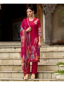MOJILAA - Women Magenta Organza Floral Straight Kurta with Pant and Dupatta