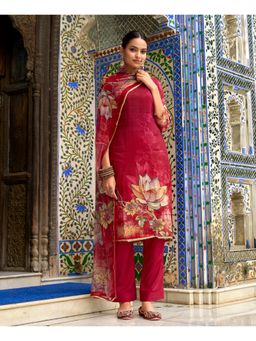 MOJILAA - Women Red Organza Floral Printed Straight Kurta with Pant and Dupatta