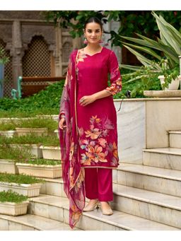 MOJILAA - Women Pink Organza Floral Printed Straight Kurta with Pant and Dupatta