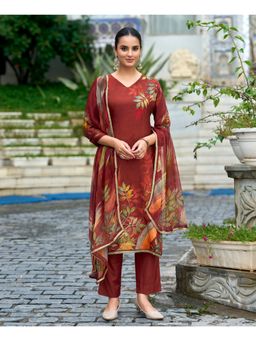 MOJILAA - Women Brown Pure Ho Organza Printed Straight Kurta with Pant and Dupatta