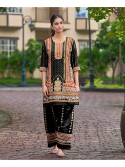 MOJILAA - Women Black Chinon Chiffon Abstract Print Kurta with Salwar