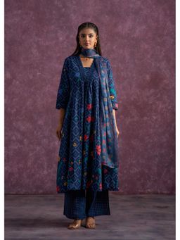 Juniper - Indigo Floral Printed Cotton Anarkali Kurta with Pant and Chiffon Dupatta