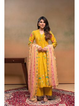 Juniper - Mustard Floral Printed Cotton Anarkali Kurta with Pant and Chiffon Dupatta