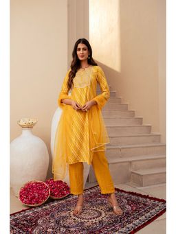 Juniper - Yellow Bandhej Print Embroidered Yoke Kurta with Pant and Dupatta