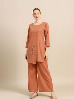 Barara Ethnic - Women Terracotta Leaf Embroidery Kurta with Palazzo