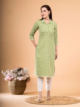Saffron Threads - Women Green Cotton Printed Straight Kurta