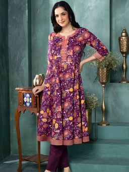Saffron Threads - Women Purple Cotton Floral A-Line Kurta