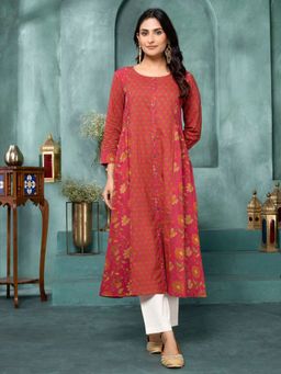 Saffron Threads - Women Red Cotton Floral A-Line Kurta