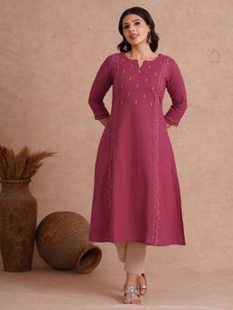 Kami Kubi - Women Cotton Pink Abstract Straight Fit Kurta
