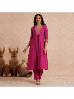 Kami Kubi - Pink Women Silk Blend Embroidered Flared Kurta with Palazzo
