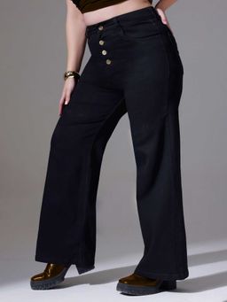 Miss Chase - Black Solid/Plain Wide Jeans