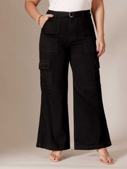Miss Chase - Black Solid/Plain Wide Jeans