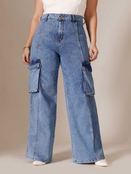 Miss Chase - Blue Solid/Plain Wide Jeans