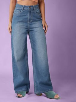 DOLCE CRUDO - Blue Solid/Plain Wide Jeans
