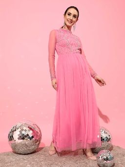 STREET 9 - Pink Embellished/Sequined A-Line Maxi Dress