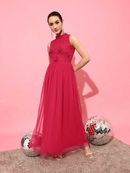 STREET 9 - Pink Embellished/Sequined A-Line Maxi Dress