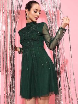 STREET 9 - Green Embellished/Sequined A-Line Knee Length Dress
