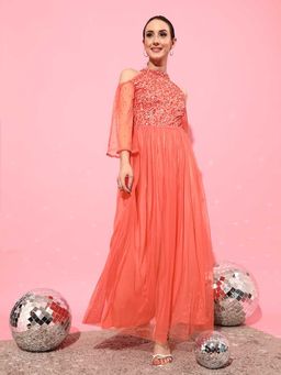 STREET 9 - Orange Embellished/Sequined A-Line Maxi Dress