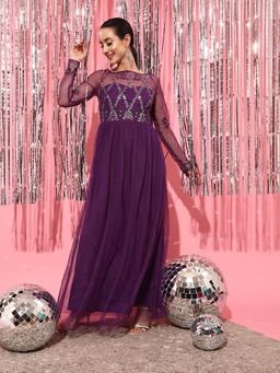 STREET 9 - Purple Embellished/Sequined A-Line Maxi Dress