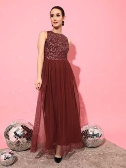 STREET 9 - Brown Embellished/Sequined A-Line Maxi Dress