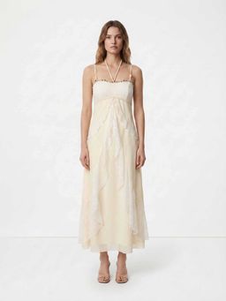 Cover Story - Beige Solid/Plain Flared Midi Dress