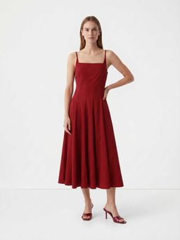 Cover Story - Red Solid/Plain Flared Midi Dress