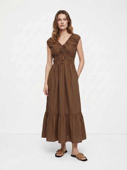 Cover Story - Brown Solid/Plain Flared Midi Dress