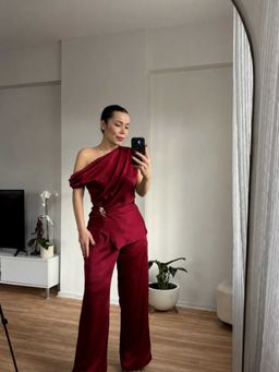 Trenbee - Maroon Solid/Plain Relaxed Co-Ord Set