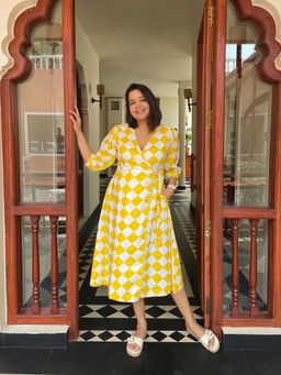Label Tanvee - Yellow Geometric Wrap Midi Dress