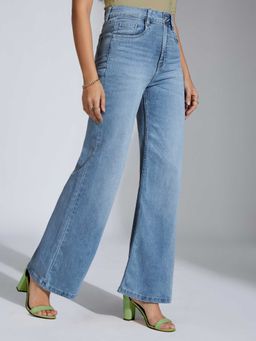 Miss Chase - Blue Solid/Plain Wide Jeans