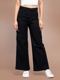 Miss Chase - Black Solid/Plain Wide Jeans