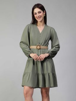 Oxolloxo - Green Solid/Plain Regular Mini Dress, Belt