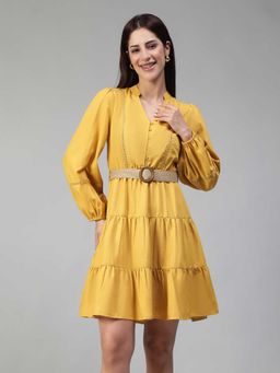 Oxolloxo - Yellow Solid/Plain Regular Mini Dress, Belt