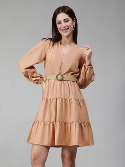 Oxolloxo - Beige Solid/Plain Regular Mini Dress, Belt
