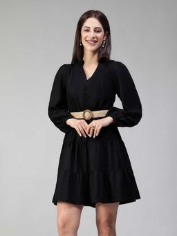 Oxolloxo - Black Solid/Plain Regular Mini Dress, Belt