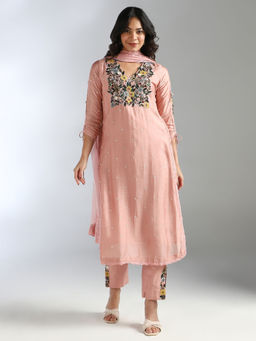 House Of Dharaa - Peach Embroidered Pant and Kurta with Dupatta (Set of 3)