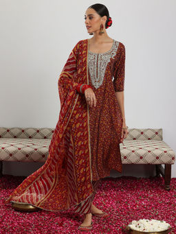 Libas - Maroon Silk Blend Printed Kurta Sets for Women