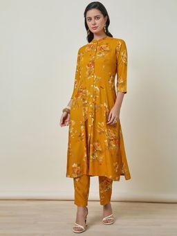 Soch - Womens Mustard Rayon Floral Print Co-Ord (Set of 2)