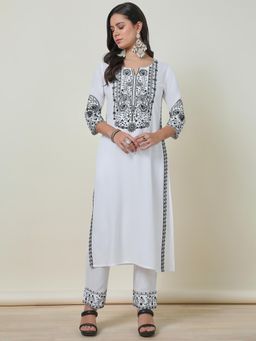 Soch - Womens White Rayon Embroidered Faux Mirror Kurta with Pant (Set of 2)