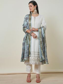 Soch - Womens Off White Silk Blend Embroidered Thread Work Kurta with Pant & Dupatta (Set of 3)