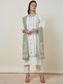 Soch - Womens Cream Silk Blend Embroidered Thread Work Kurta with Pant & Dupatta (Set of 3)