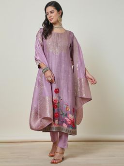 Soch - Womens Purple Brocade Beads & Stones Kurta with Pant & Dupatta (Set of 3)
