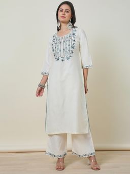 Soch - Womens Cream Silk Blend Embroidered Thread Work Kurta with Palazzo (Set of 2)