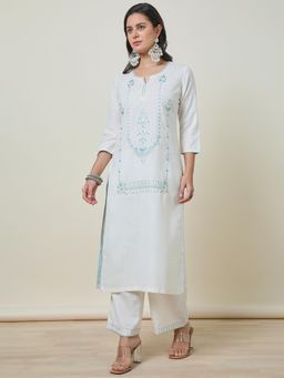 Soch - Womens White Silk Blend Embroidered Thread Work Kurta with Palazzo (Set of 2)