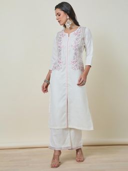 Soch - Womens Off White Silk Blend Embroidered Thread Work Kurta with Palazzo (Set of 2)
