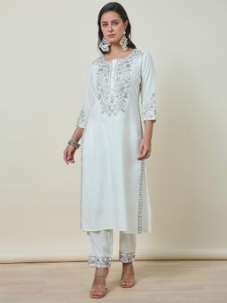 Soch - Womens Off White Rayon Embroidered Thread Work Kurta with Pant (Set of 2)
