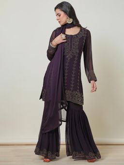 Soch - Womens Purple Stone Work Georgette Kurta with Sharara & Dupatta (Set of 3)
